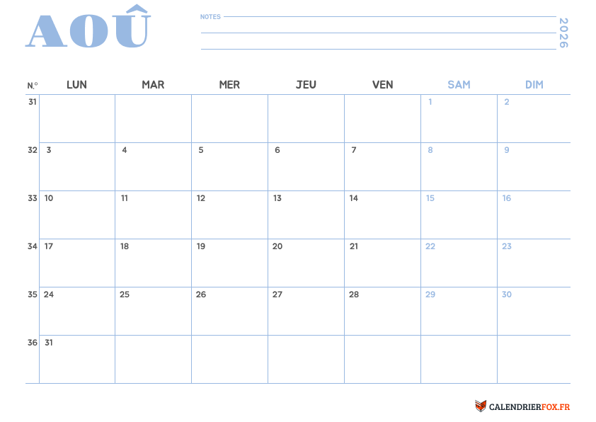 Calendrier août 2026 Minimaliste