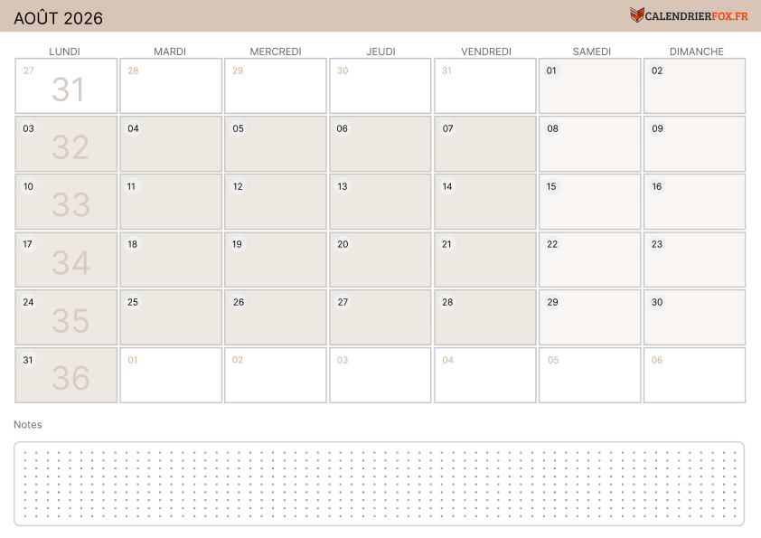 Calendrier août 2026 Moderne