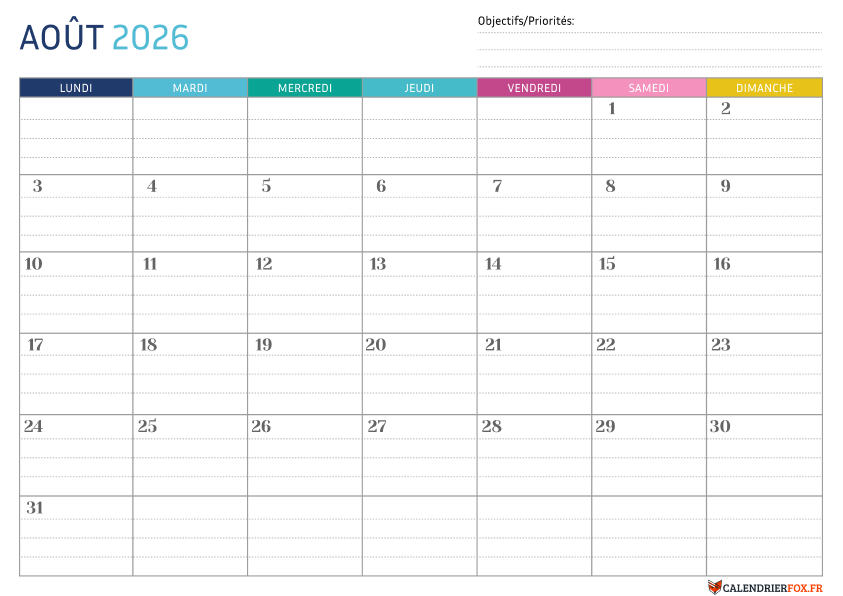Calendrier août 2026 Pointillé