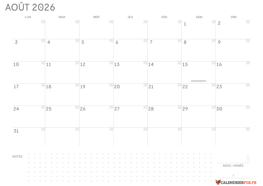 Calendrier août 2026 Vierge