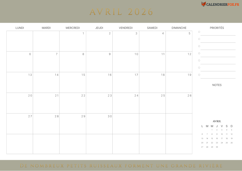 Calendrier avril 2026 avec Citations