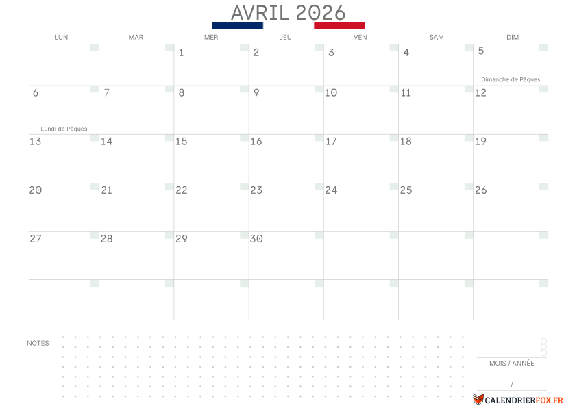 Calendrier avril 2026 avec le Drapeau Français