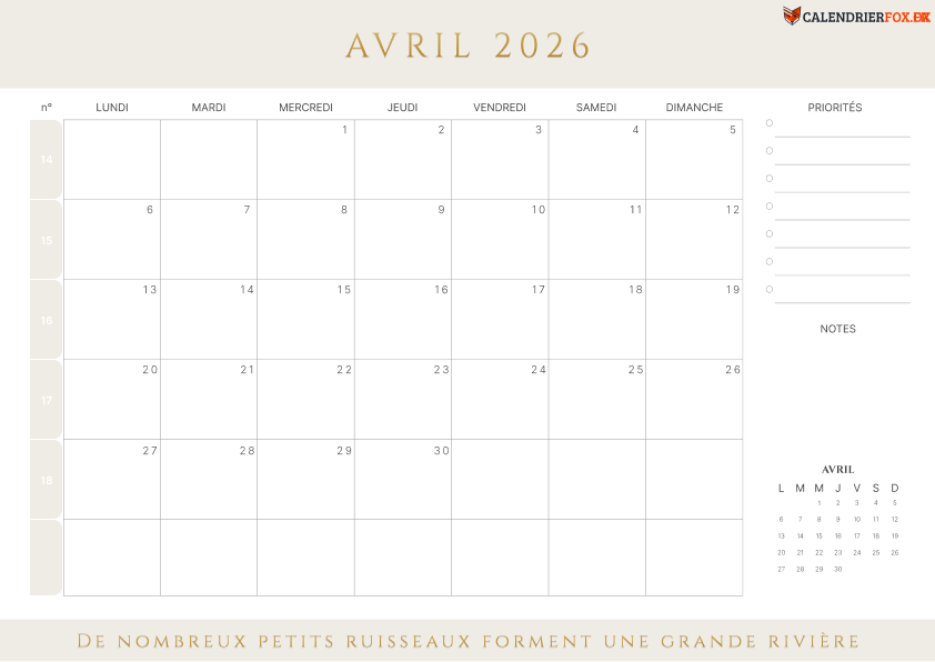 Calendrier avril 2026 avec Numéros de Semaine