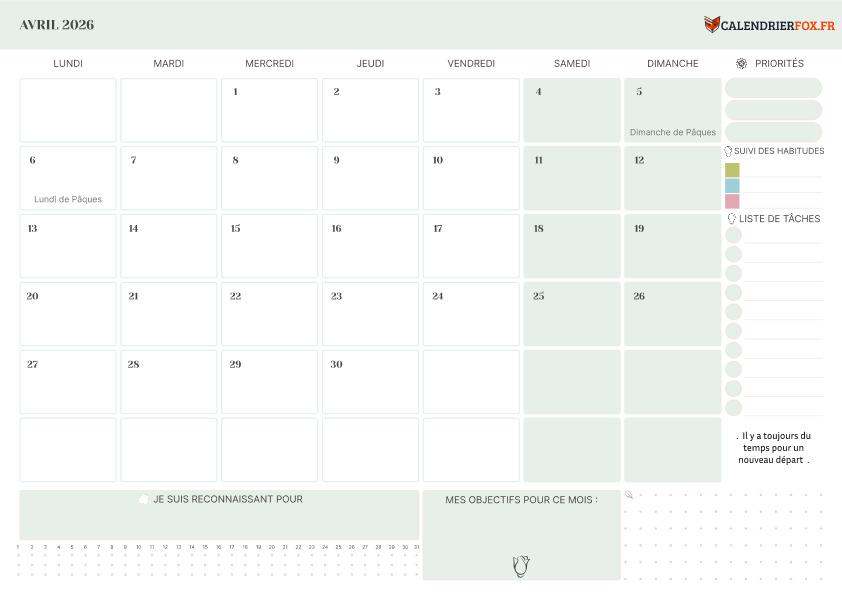 Calendrier avril 2026 avec Priorités