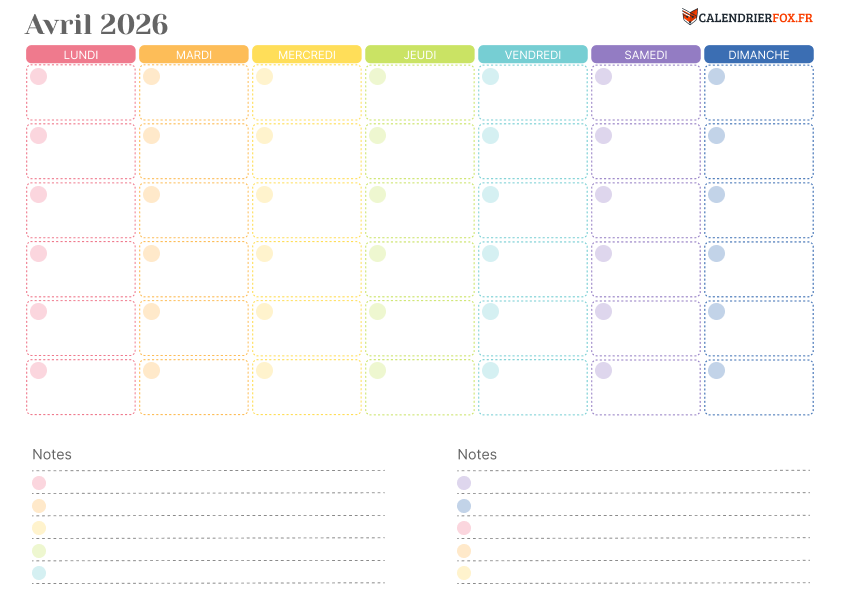Calendrier avril 2026 Coloré