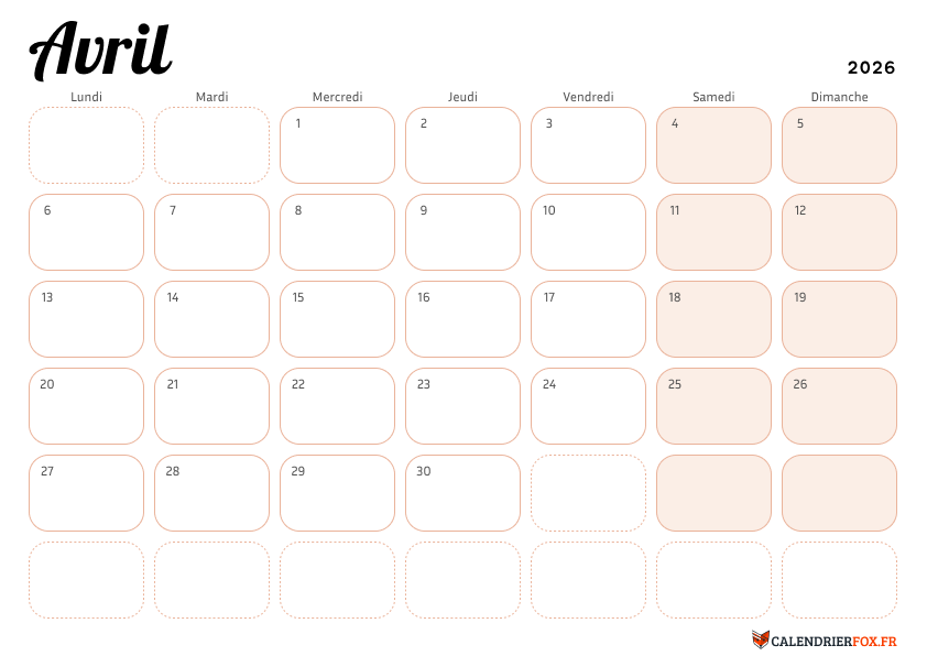 Calendrier avril 2026 Élégant