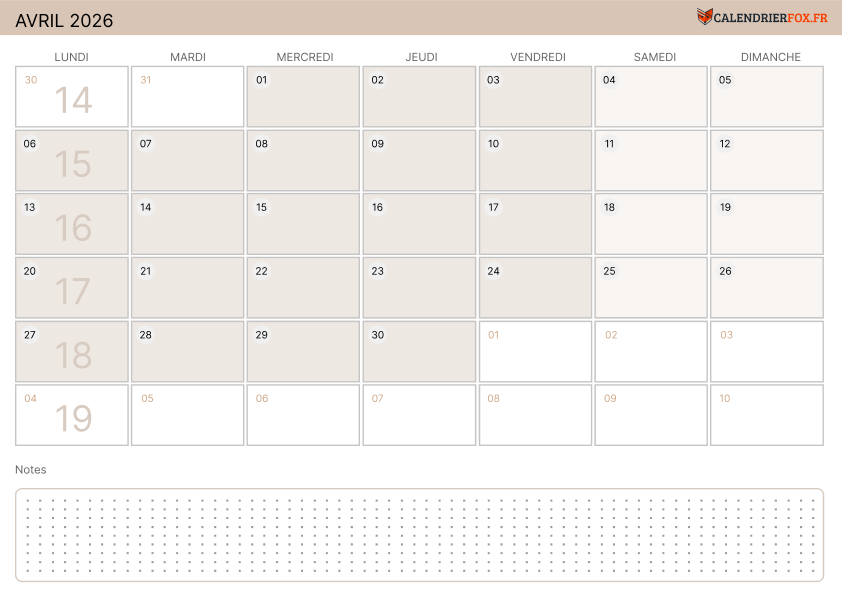 Calendrier avril 2026 Moderne