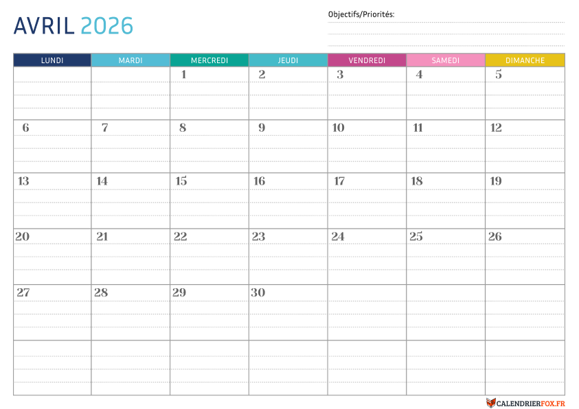 Calendrier avril 2026 Pointillé