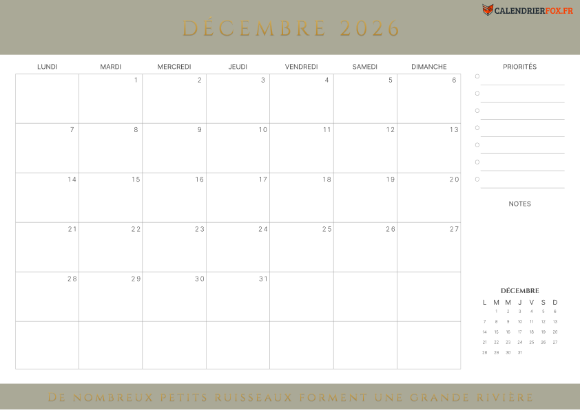 Calendrier décembre 2026 avec Citations