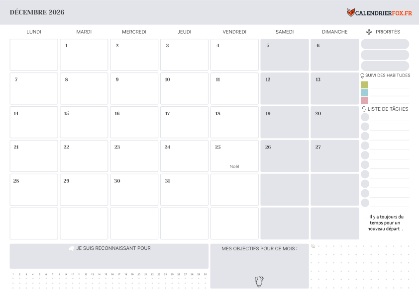 Calendrier décembre 2026 avec Jours Fériés
