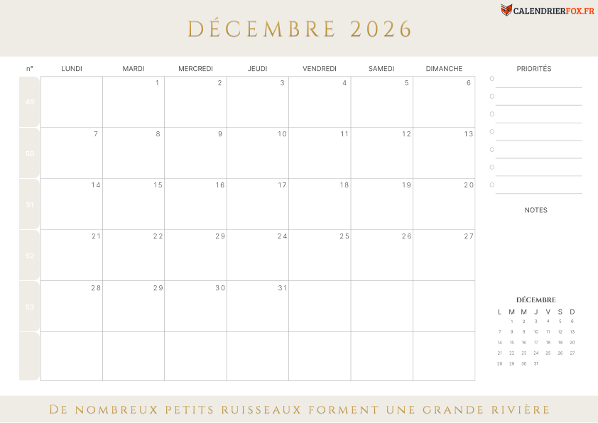 Calendrier décembre 2026 avec Numéros de Semaine