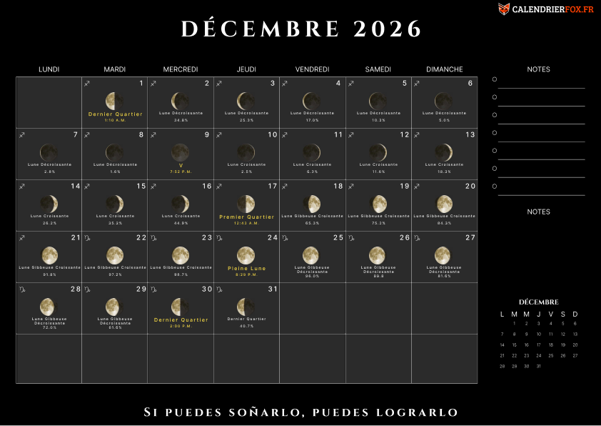Calendrier décembre 2026 avec Phases de Lune