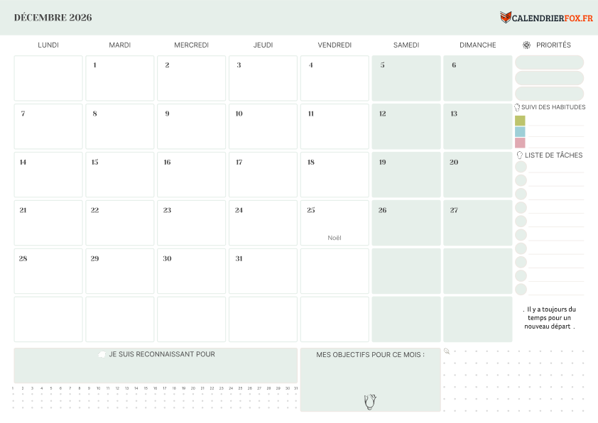 Calendrier décembre 2026 avec Priorités