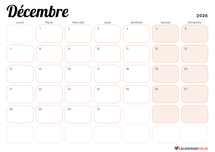 Calendrier décembre 2026 Élégant