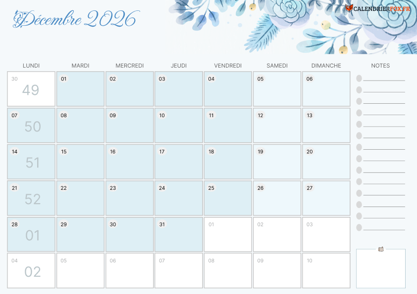 Calendrier décembre 2026 Esthétique