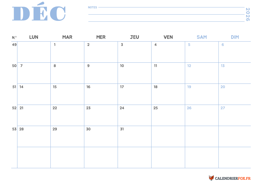 Calendrier décembre 2026 Minimaliste