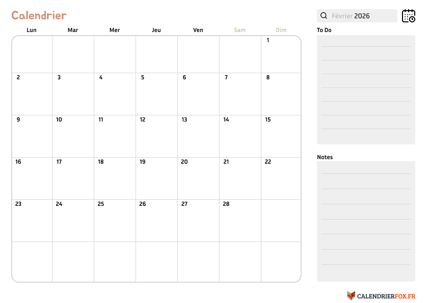 Calendrier février 2026 avec Notes
