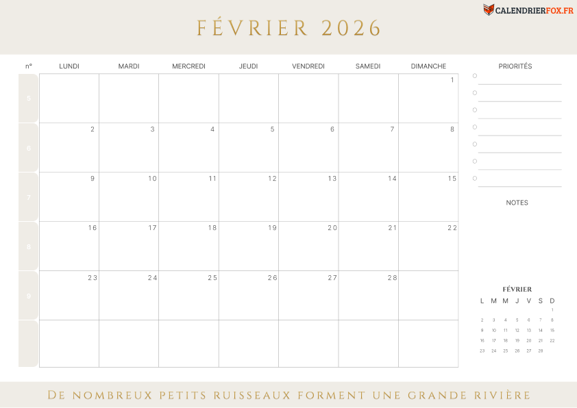 Calendrier février 2026 avec Numéros de Semaine