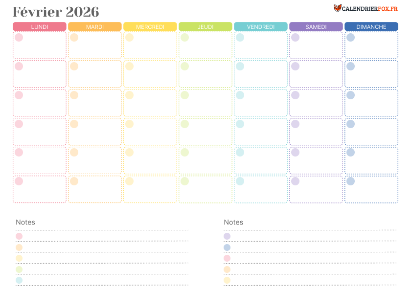 Calendrier février 2026 Coloré
