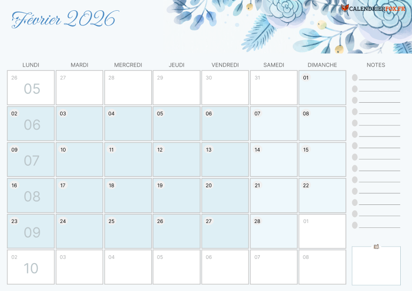 Calendrier février 2026 Esthétique