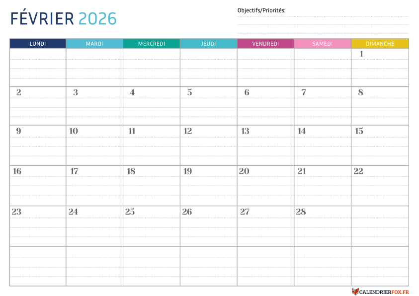 Calendrier février 2026 Pointillé