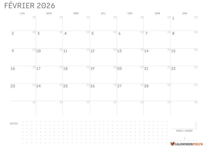 Calendrier février 2026 Vierge