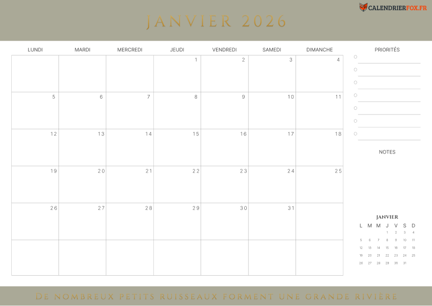 Calendrier Janvier 2026 avec Citations