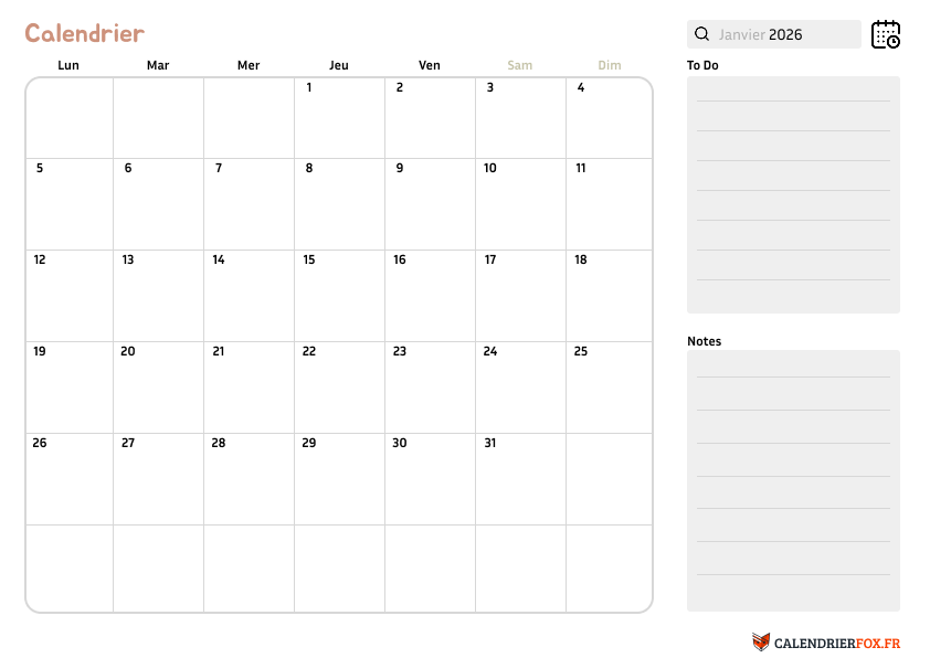 Calendrier Janvier 2026 avec Notes
