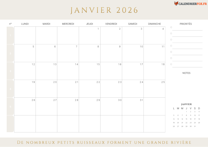 Calendrier Janvier 2026 avec Numéros de Semaine