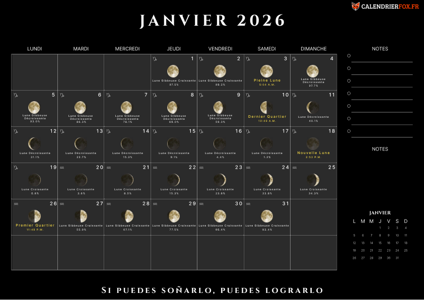 Calendrier Janvier 2026 avec Phases de Lune