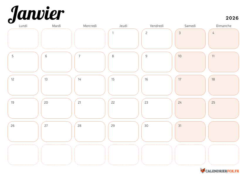 Calendrier Janvier 2026 Élégant