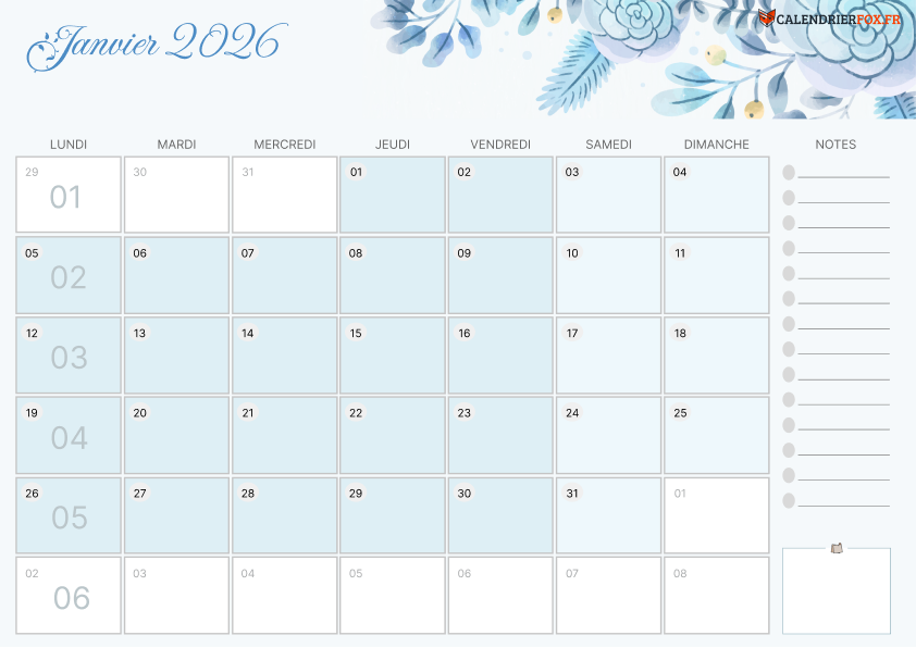 Calendrier Janvier 2026 Esthétique