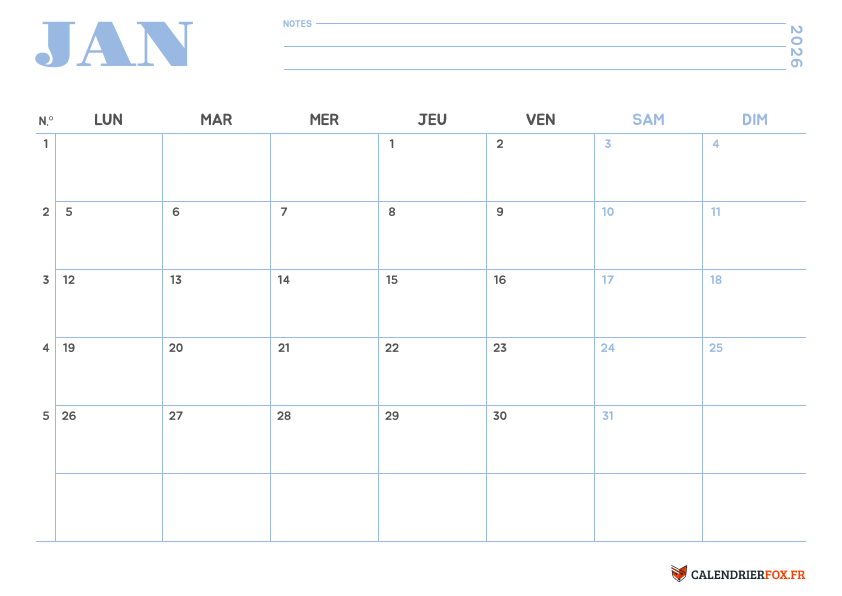 Calendrier Janvier 2026 Minimaliste