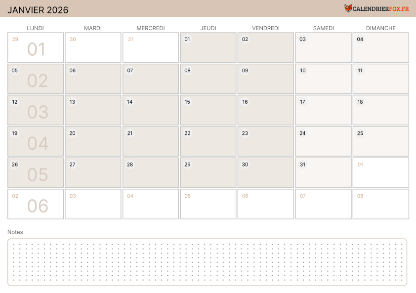 Calendrier Janvier 2026 Moderne