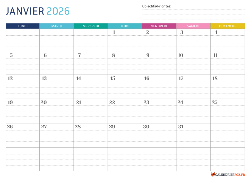 Calendrier Janvier 2026 Pointillé