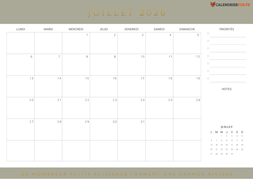 Calendrier juillet 2026 avec Citations