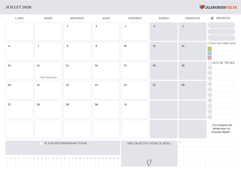 Calendrier juillet 2026 avec Jours Fériés