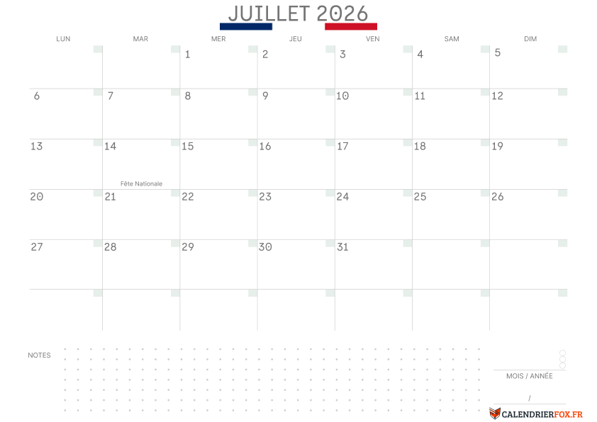 Calendrier juillet 2026 avec le Drapeau Français