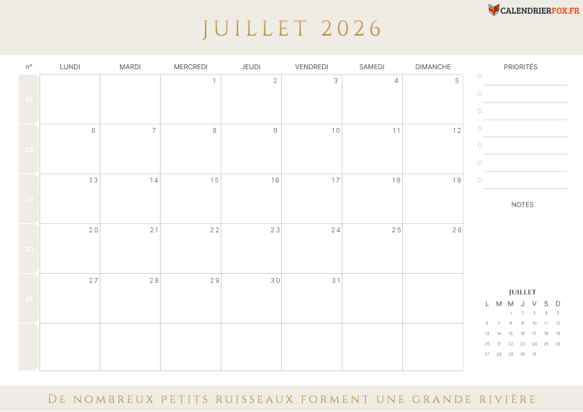 Calendrier juillet 2026 avec Numéros de Semaine