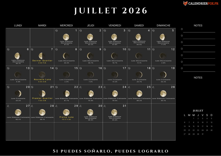 Calendrier juillet 2026 avec Phases de Lune