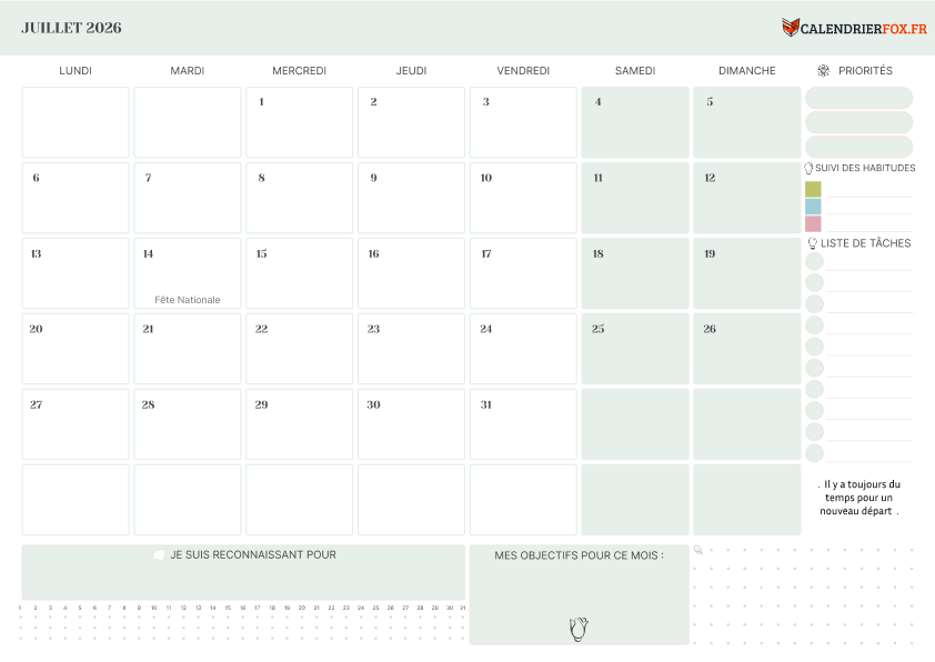 Calendrier juillet 2026 avec Priorités