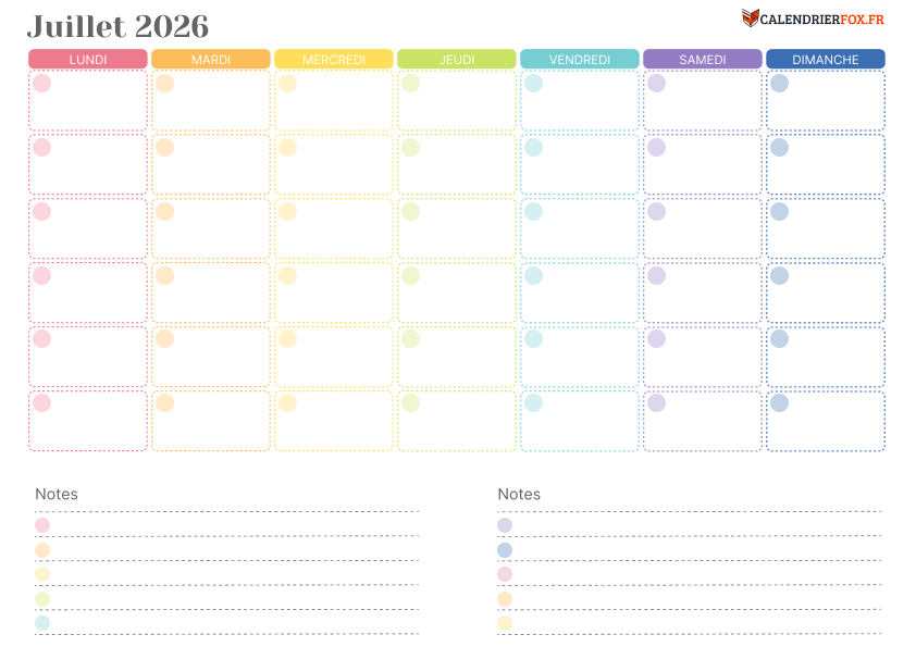 Calendrier juillet 2026 Coloré