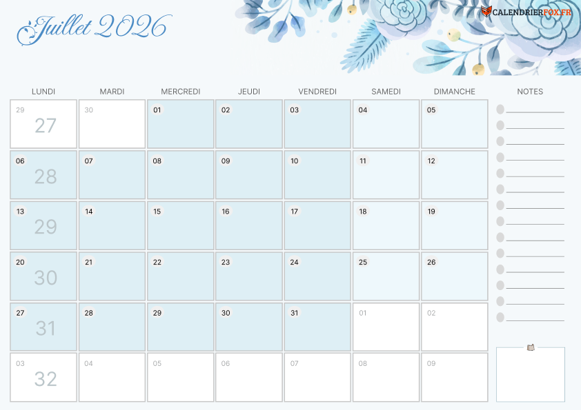 Calendrier juillet 2026 Esthétique