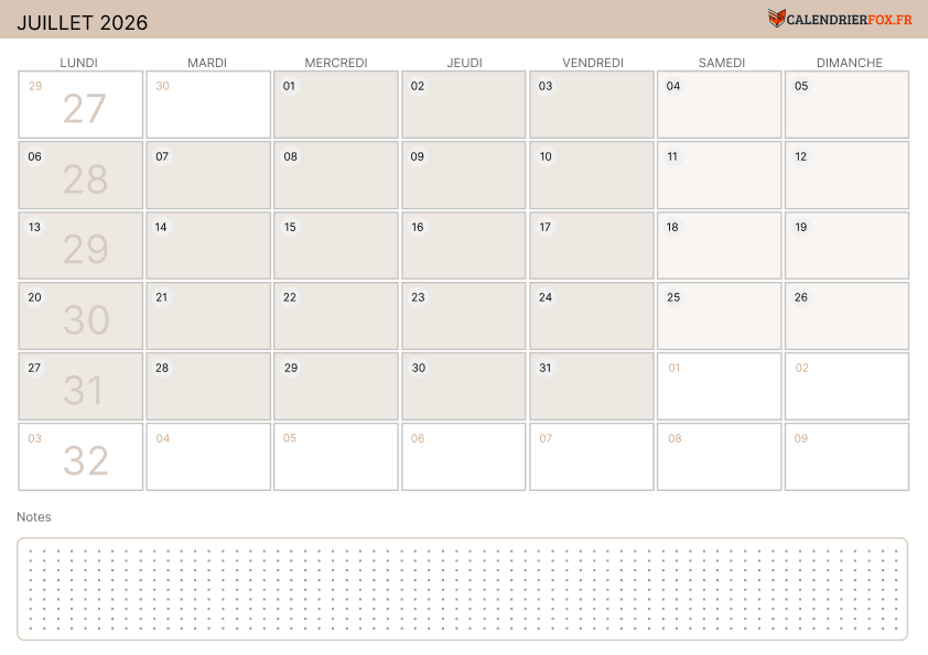 Calendrier juillet 2026 Moderne