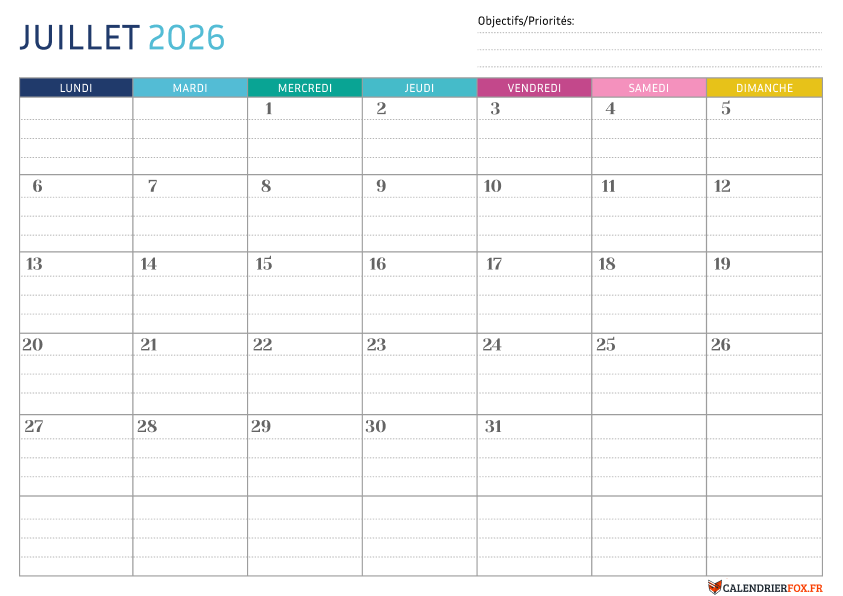 Calendrier juillet 2026 Pointillé