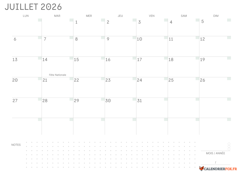 Calendrier juillet 2026 Vierge
