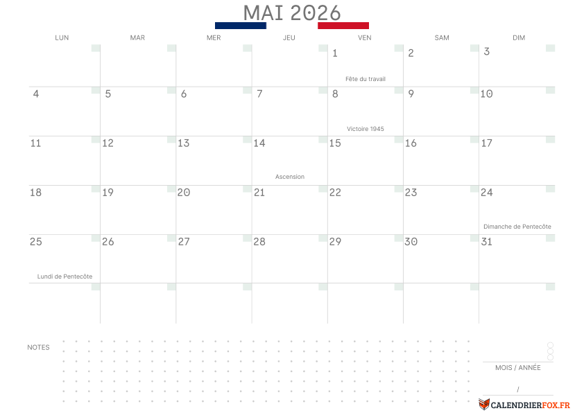 Calendrier mai 2026 avec le Drapeau Français