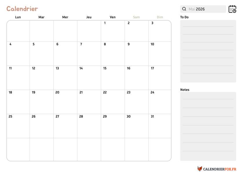 Calendrier mai 2026 avec Notes