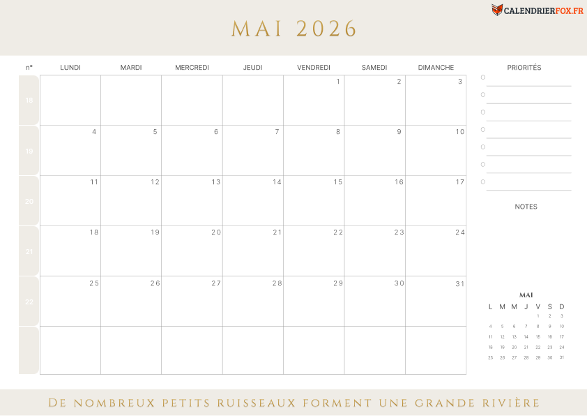 Calendrier mai 2026 avec Numéros de Semaine