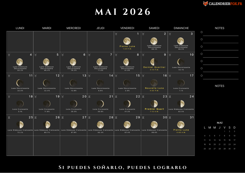 Calendrier mai 2026 avec Phases de Lune